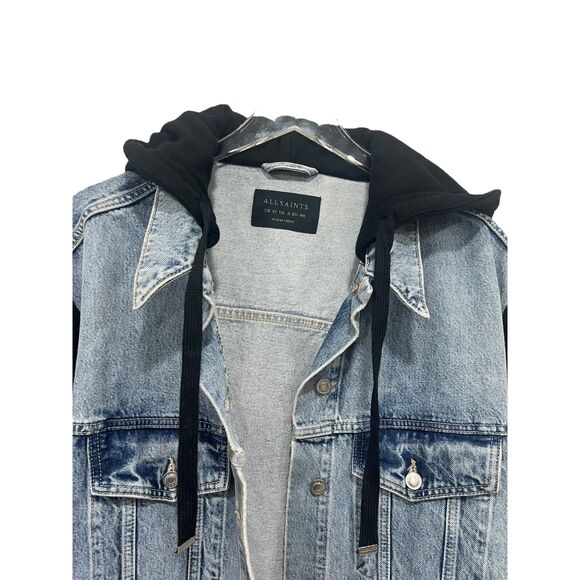 AllSaints Jacket Milena Hooded Denim Size L (US 8) Indigo Blue Black Button - Picture 3 of 10